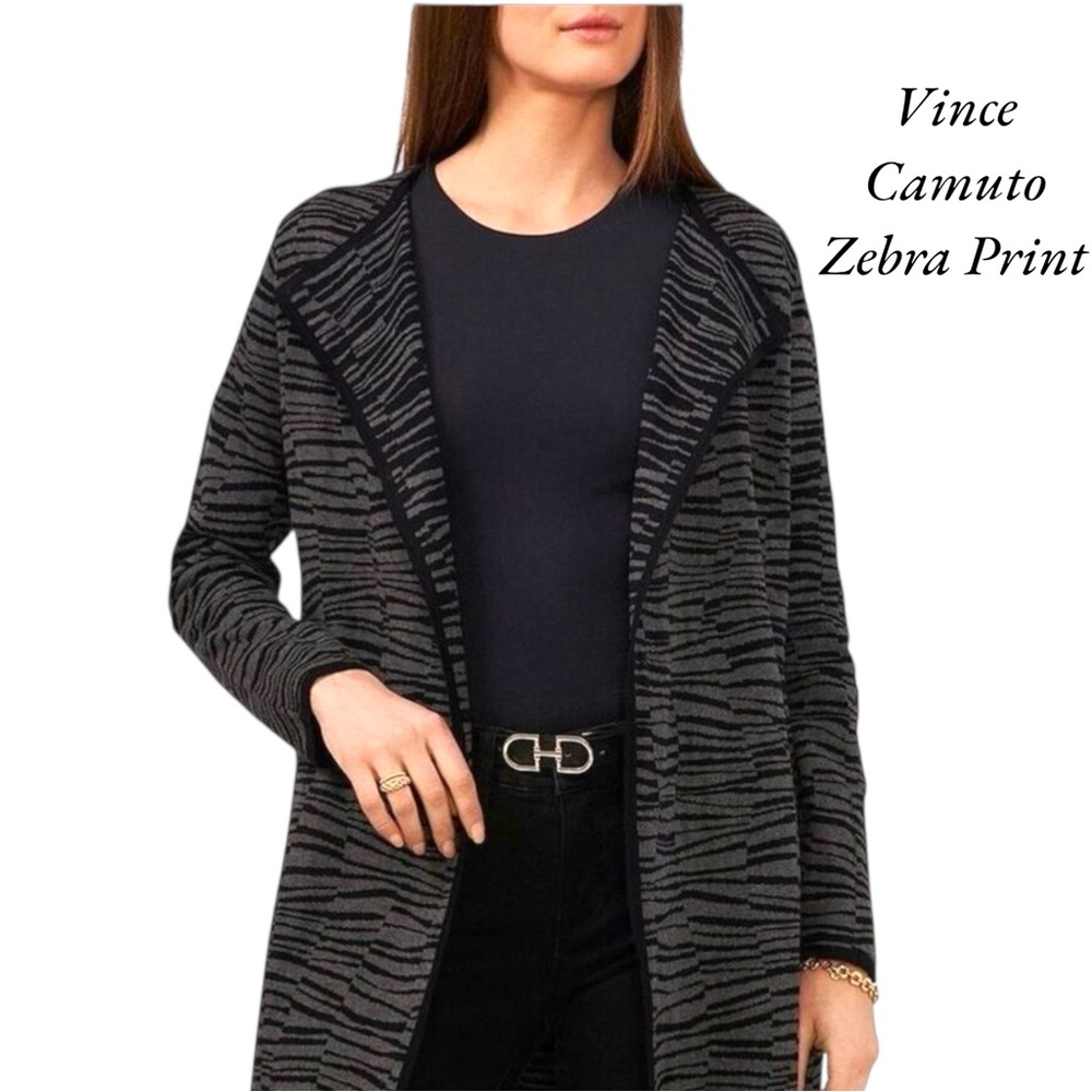 🛍️ 2/$25 EUC Vince Camuto Zebra Open Front Long Black Striped Cardigan Womens XL
